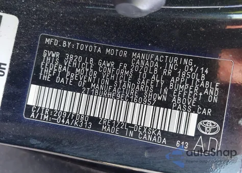 2014 Toyota Corolla S Plus from USA, damaged, VIN 2T1BURHE9EC160957